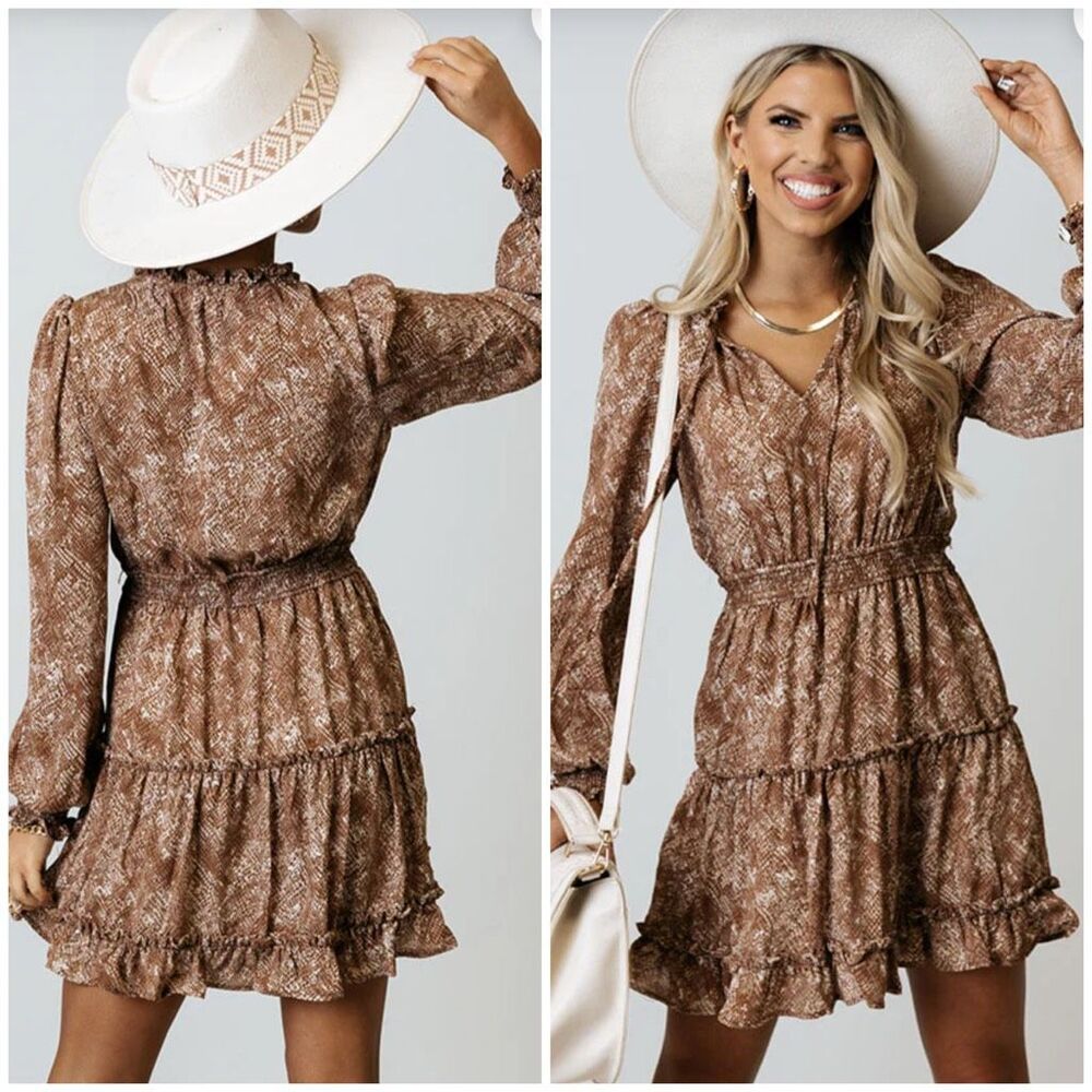 Boutique Small Snake Printed Spring Layered Dress Neutral